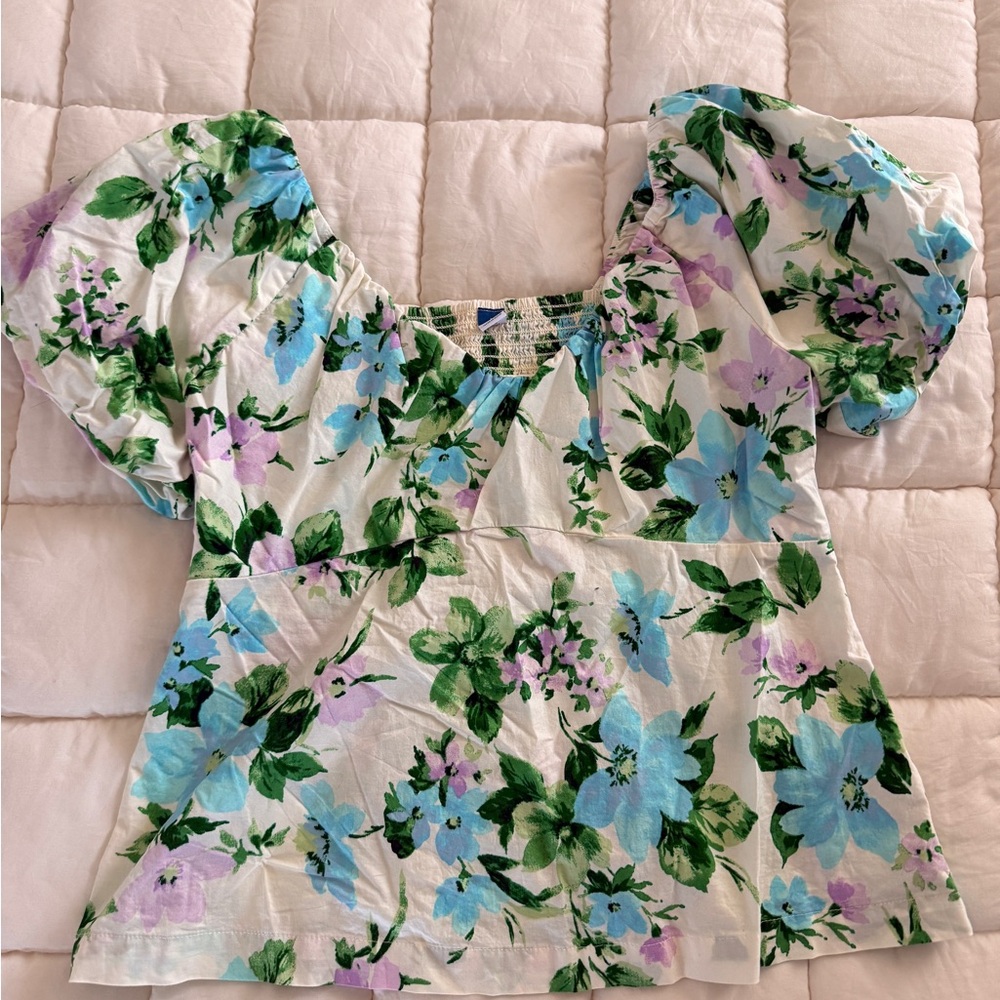 Old Navy Floral Puff Sleeve Blouse - Green, Blue, Purple